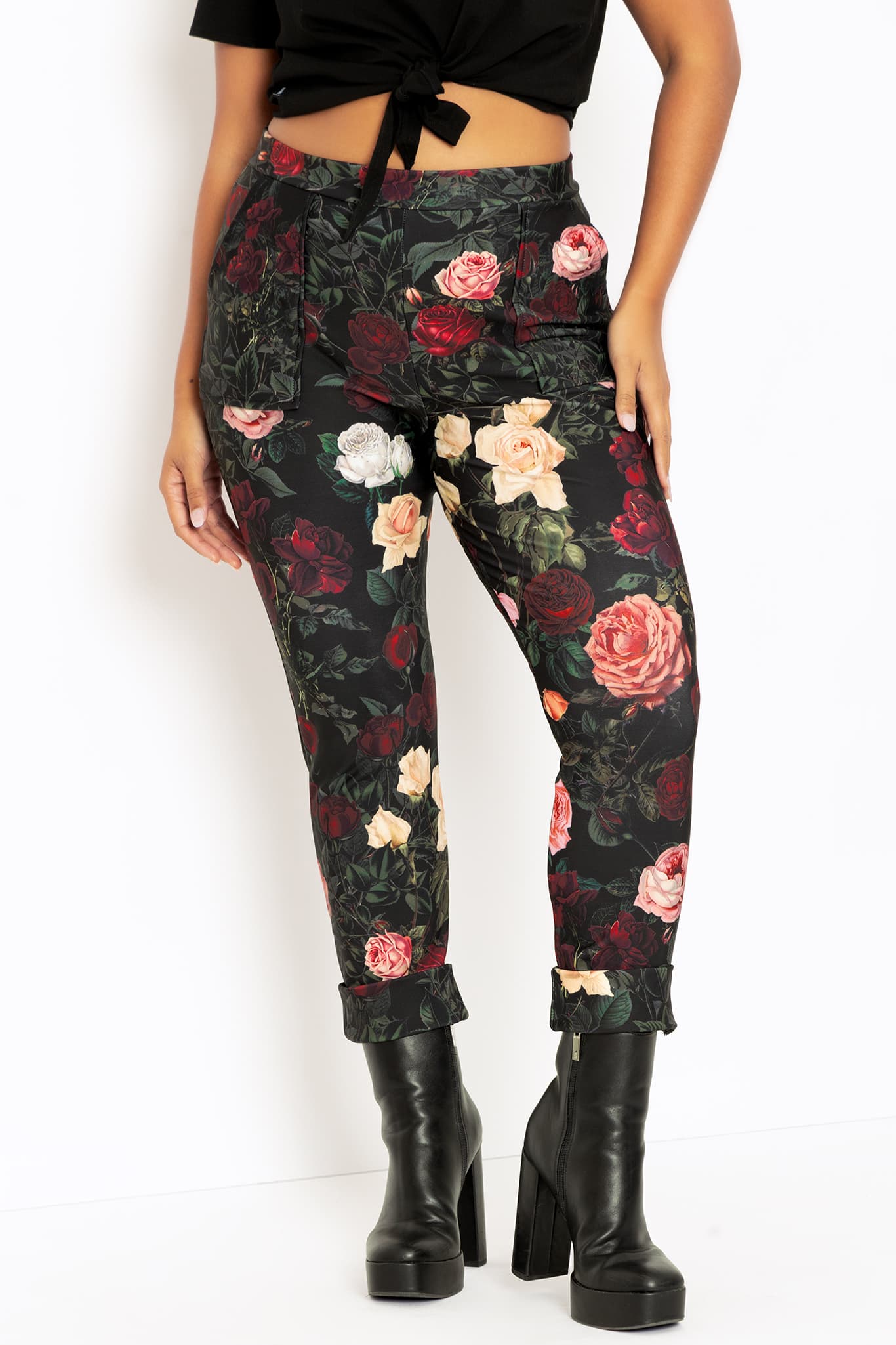 Dark Roses Cuffed Pants - Closeup